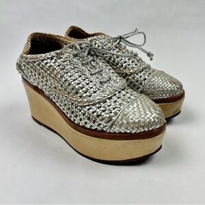 Schutz Woven Leather Wedge Platform Shoes Jules Lace up Silver size 6